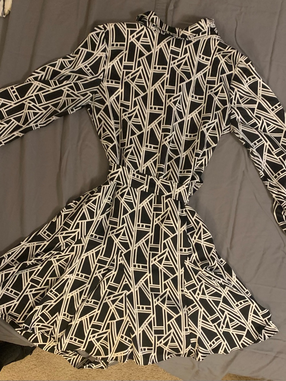Karl Lagerfeld Black and White Geometric Long-Sleeve Fit-and-Flare Dress
